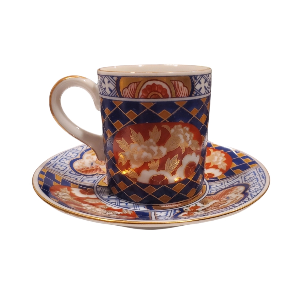 2. Vintage OMC Mini Floral Teacup and Saucer with Gold Accents Set